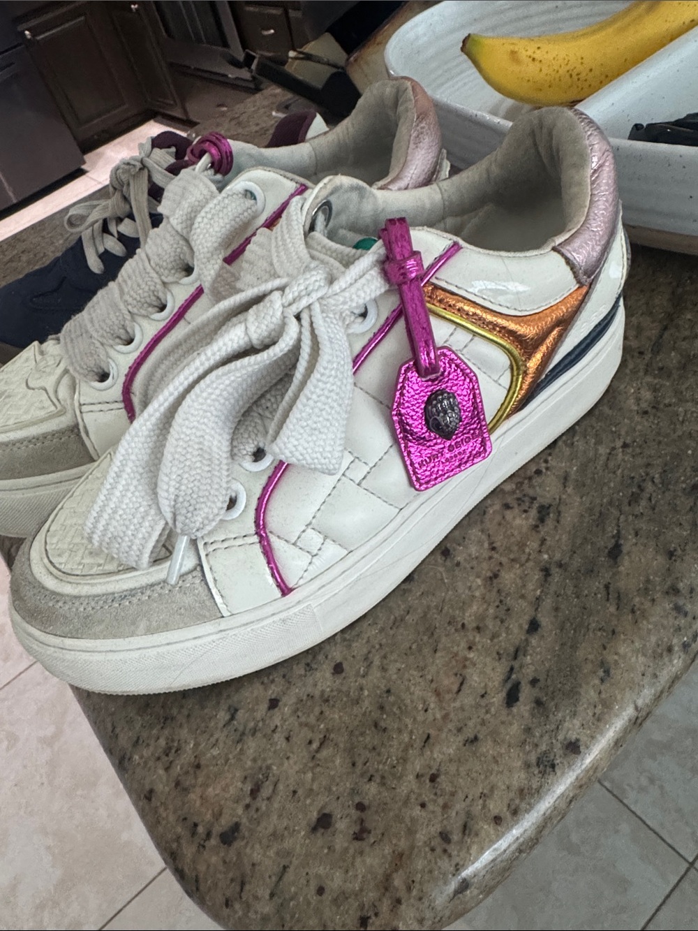 Kurt Geiger White Sneakers with Pink and Metallic Gold Accents